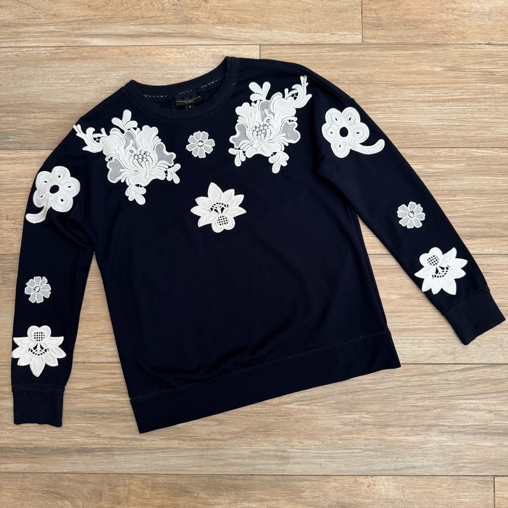 Victoria Beckham for Target Navy and White Floral Lace Appliqué Sweat Top